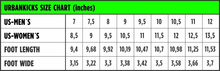 Urban Kicks Size Chart