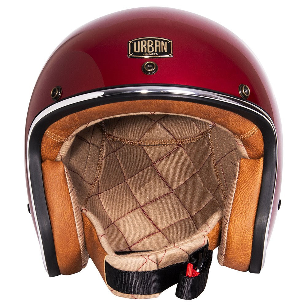 Red open face store helmet